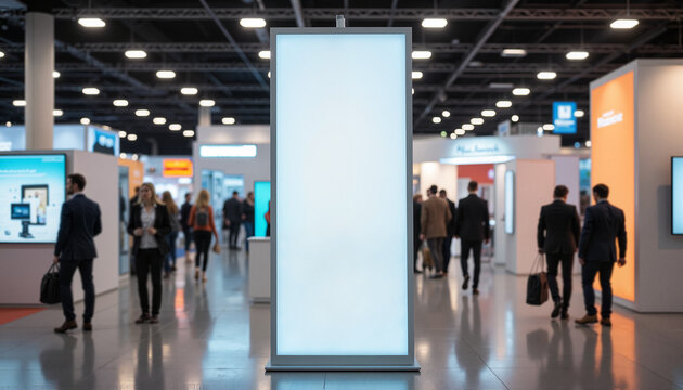 Blank vertical display stand in a busy exhibition hall with attendees exploring various booths and presentations