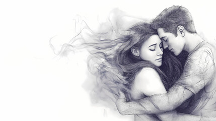 Drawing of soulmates in an ethereal embrace. Embrace. Illustration