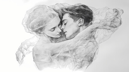 Drawing of soulmates in an ethereal embrace. Embrace. Illustration