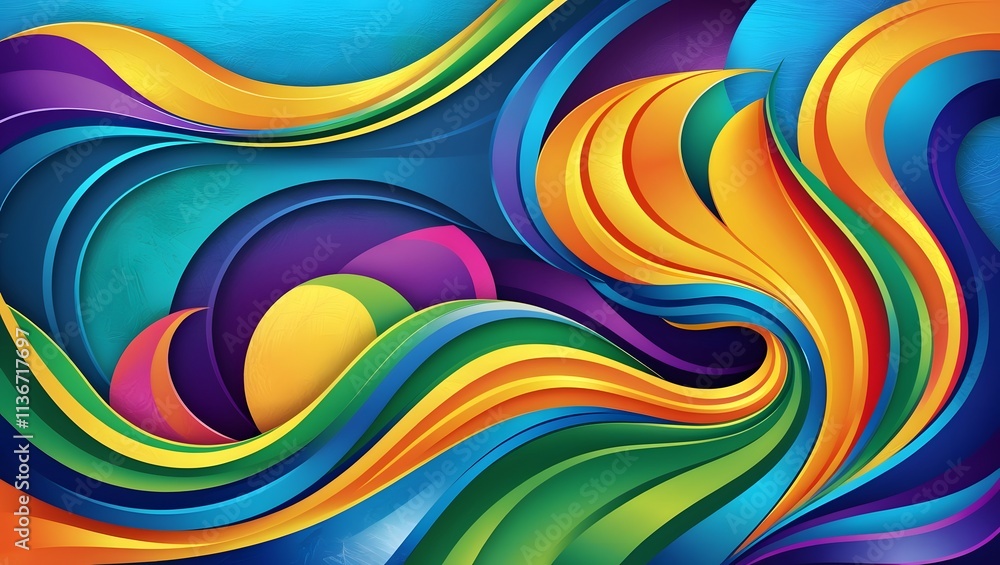Poster illustration of abstract background with wavy pattern in different bright colors