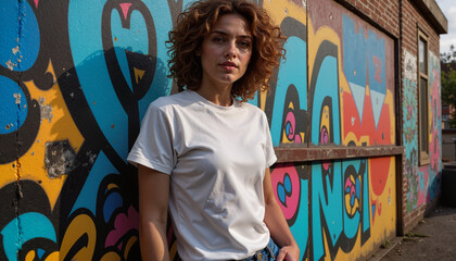 Fototapeta premium Young woman posing against a vibrant graffiti wall, showcasing her style in an urban environment