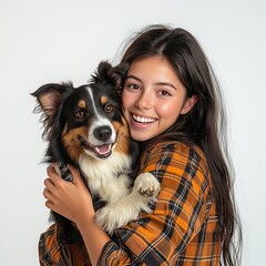 A girl in a plaid shirt holding a dog and smiling isolated on a white background