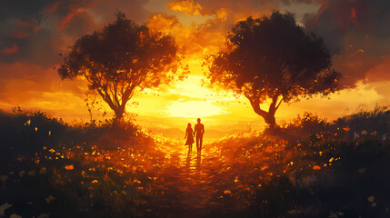 Fototapeta premium Experience the warm embrace of a golden sunset as silhouettes walk through a vibrant pathway. Embrace. Illustration