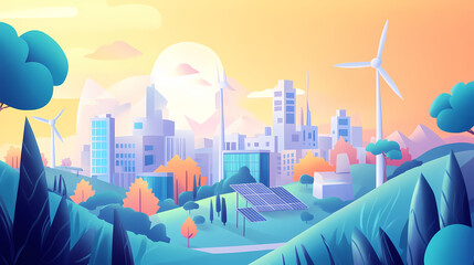 Flat illustration depicting modern city embracing green energy with wind turbines and solar panels amidst nature. Embrace. Illustration