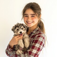 A girl in a plaid shirt holding a dog and smiling isolated on a white background