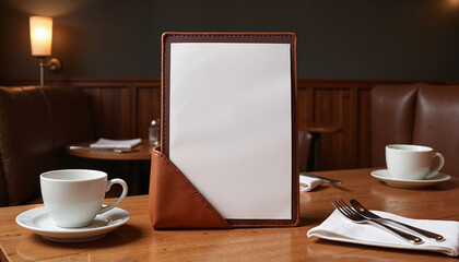 Blank menu in a leather holder on a wooden table with coffee cups and elegant restaurant setting and copy space
