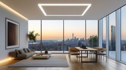 Modern apartment with city view at sunset, featuring minimalist furniture and recessed lighting.