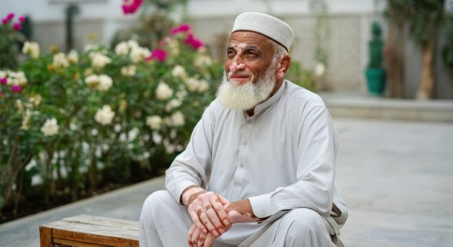 Elderly middle eastern man in traditional attire sitting in a tranquil garden