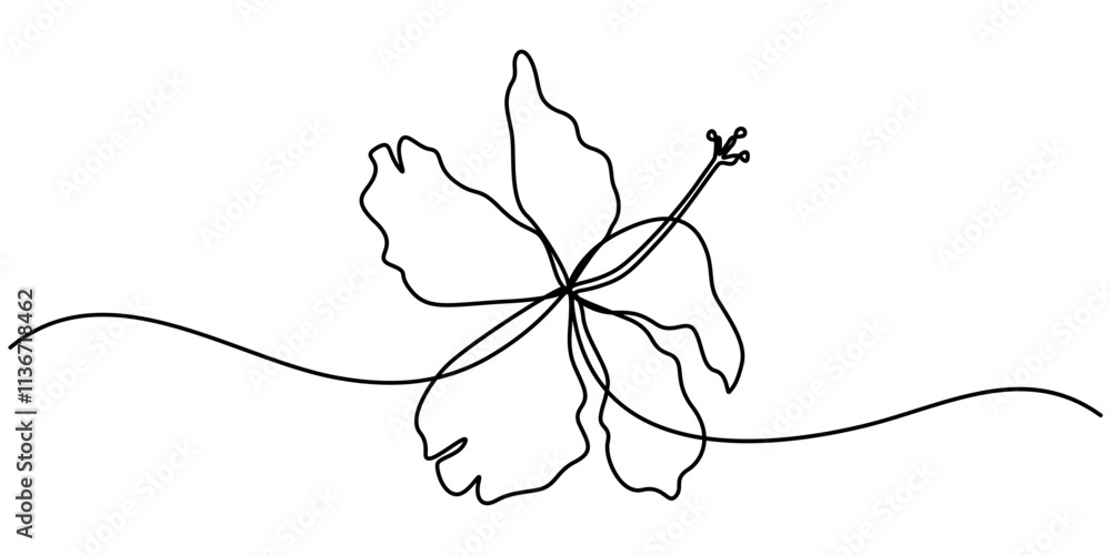 Poster hibiscus flower in one line art drawing style. black line sketch on white background. vector illustr