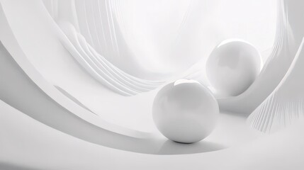 Two white spheres in a futuristic white abstract interior.