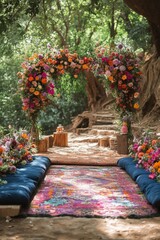 Beautiful floral archway and colorful decor in a serene outdoor setting during daylight