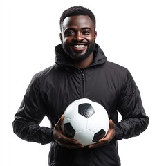 A man in a sports cloth holding a soccer ball and smiling isolated on a white background