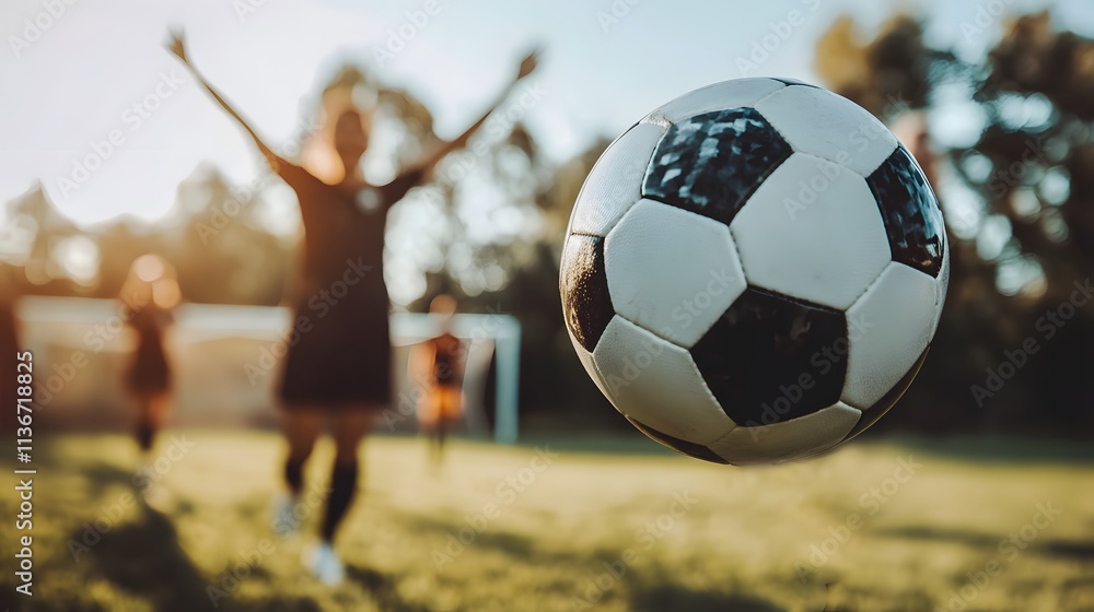 Poster action-packed moment of a soccer ball being kicked towards the goal with players celebrating in the 