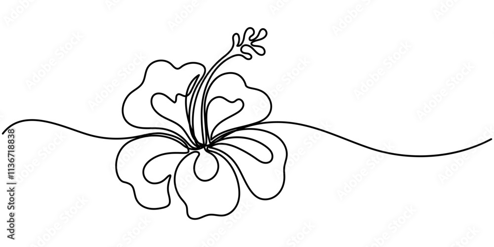 Poster hibiscus flower in one line art drawing style. black line sketch on white background. vector illustr