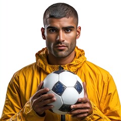 A man in a sports cloth holding a soccer ball with serious expression looking isolated on a white background