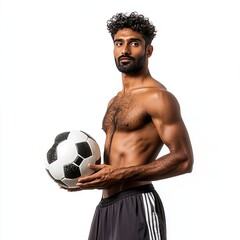 A man in a sports cloth holding a soccer ball with serious expression looking isolated on a white background