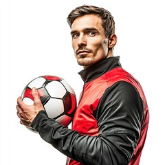 A man in a sports cloth holding a soccer ball with serious expression looking isolated on a white background