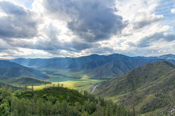 Beautiful view of the valley from the Chike Taman pass. Chuisky tract (or Chuya Highway), Altai republic, Russia