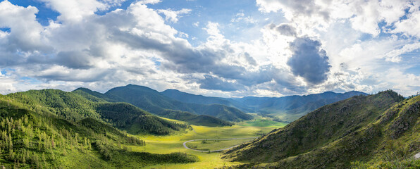 Beautiful view of the valley from the Chike Taman pass. Chuisky tract (or Chuya Highway), Altai republic, Russia