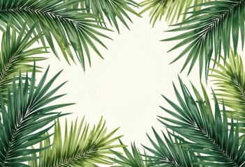 Tropical palm leaves framing a blank space for design in a light background