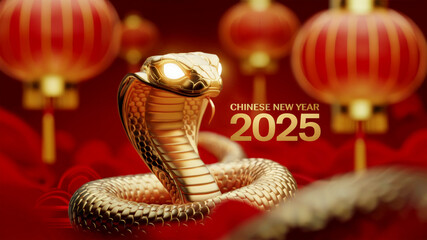 chinese new year text with golden snake glowing eyes and blur lanterns background