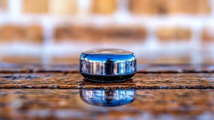 A water droplet sitting on top of a wooden table