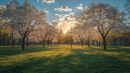 Fototapeta premium Beautiful spring afternoon in a blooming park with cherry blossom trees and golden sunlight