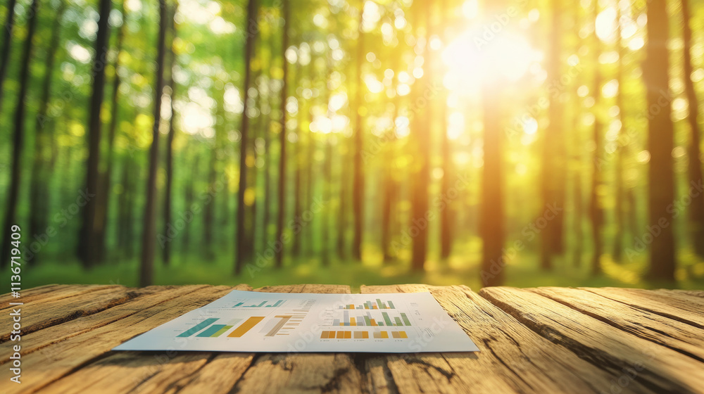 Poster a wooden table in a sunlit forest displays a paper with colorful graphs, blending nature and data in