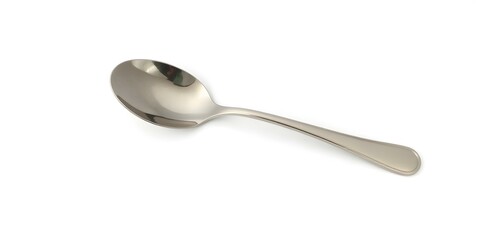 A shiny stainless steel spoon, perfectly polished, isolated on a white background, full depth of field