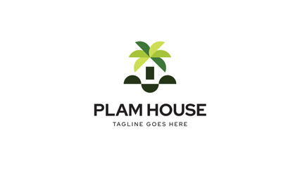 Roof House Roofing Home Window Housing Palm Coconut Tree Leaves Vector Logo Design Illustration