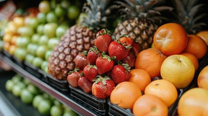 A colorful display of fresh fruits including pineapples, strawberries, oranges, and green apples.