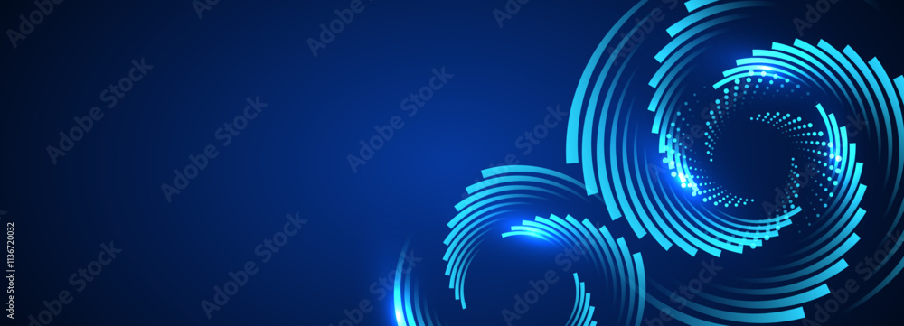 Poster Dynamic abstract background with blue circular lines and dot pattern for technology concept.