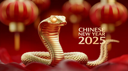 chinese new year 2025 text with cinematic shot of golden snake with glowing eyes