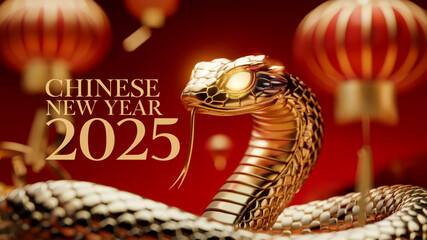 chinese new year 2025 text with cinematic shot of golden snake with glowing eyes