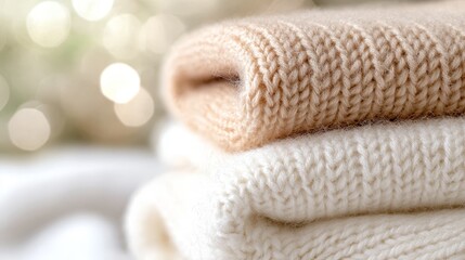 A stack of white and beige sweaters sitting on top of each other