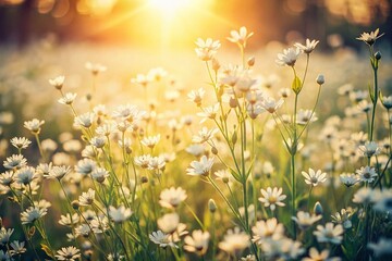 Vintage Sunlit Wildflower Meadow: Stunning White Flowers, Retro Photography