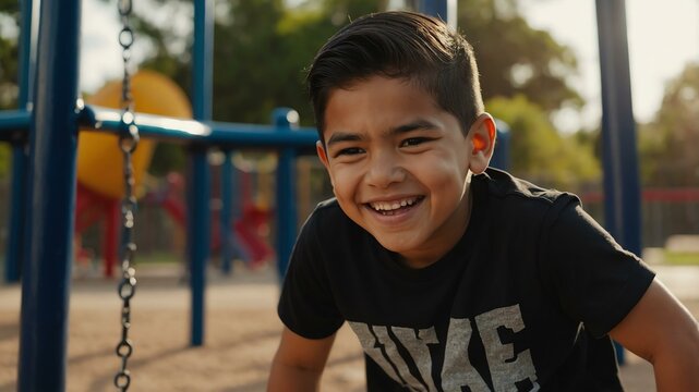 kid hispanic male in black shirt on playground model portrait giggling for ad concept space for text