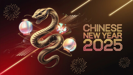 chinese new year 2025 written with golden snake and lanterns