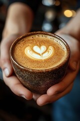 Beautiful latte art served in a teal ceramic cup with a heart design