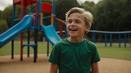 kid caucasian male in green shirt on playground model portrait giggling for ad concept space for text