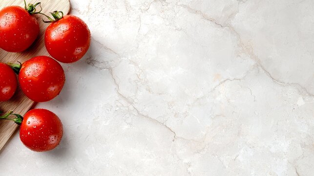 A wooden cutting board topped with cherry tomatoes on top of a table
