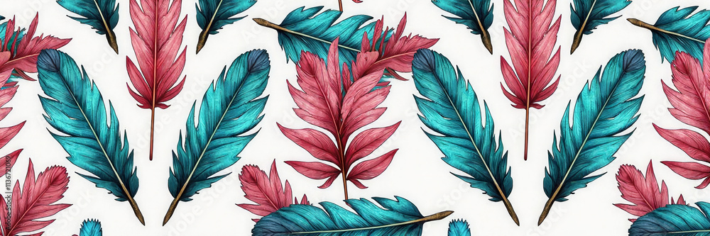 Poster a colorful feather pattern with blue and pink feathers. the feathers are arranged in a way that crea