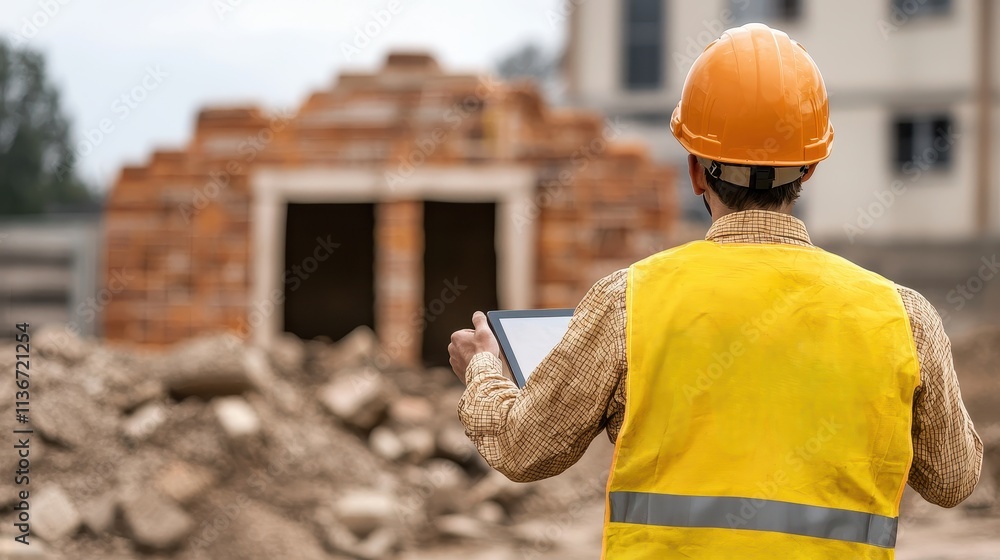 Aufkleber a construction worker in a hard hat and reflective vest uses a tablet on a building site with a part