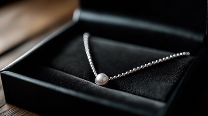 A silver necklace in a black box on a wooden table