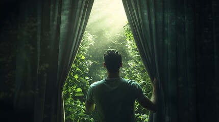 Man Opens Curtains To Reveal Lush Green Forest