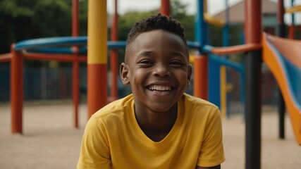 Obraz premium kid african male in yellow shirt on playground model portrait giggling for ad concept space for text