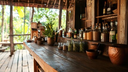 A rural Thai bar hosting mixology workshops for tourists, using herbs and spices from the village