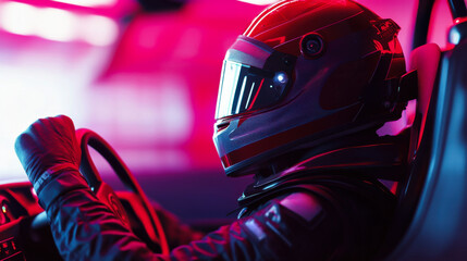 Race car driver prepares for a night race with vibrant city lights in the background