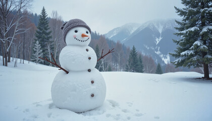 Obraz premium Cheerful snowman with a hat and smile in a winter landscape with mountains 