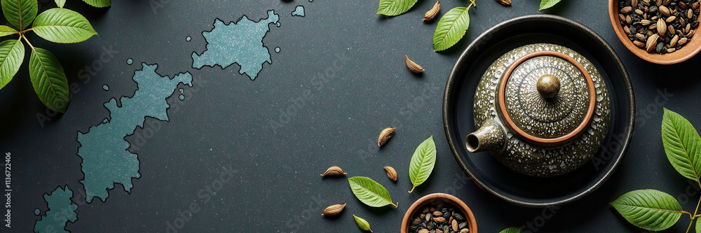 Poster a map of the world is shown with a teapot and some leaves on a table. the teapot is surrounded by a 